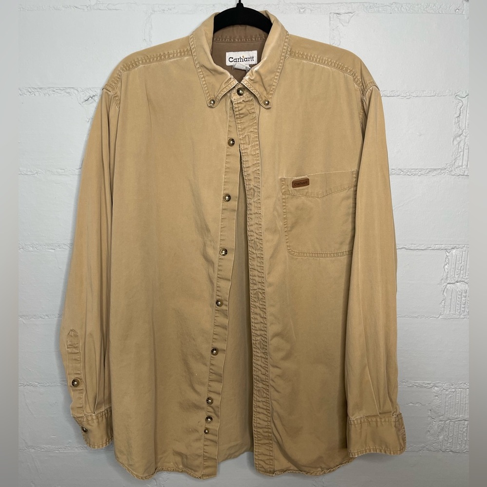 Vintage Carhartt Light Brown Cotton Button Up Shirt Men’s Size Medium